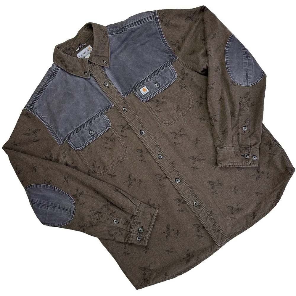 Carhartt Burleson Flannel Shirt Canvas Elbow Patch Goose Print Men L Gray Purple